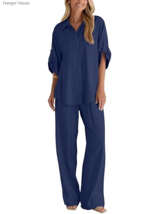 Pants - Women's 2 Piece Linen Button Up Blouse and Wide Leg Pant Set Work Shirt Suit